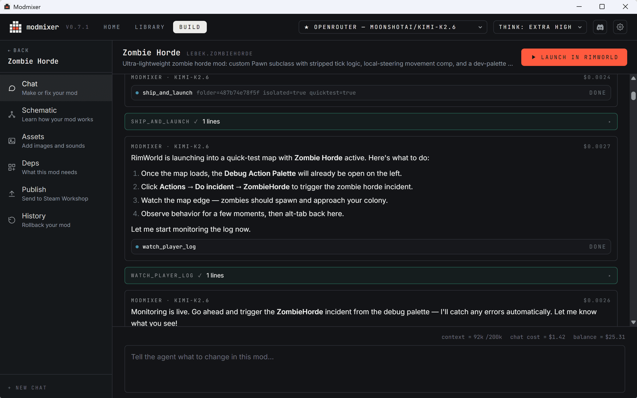 Modmixer app: chatting with the agent to build the Zombie Horde mod